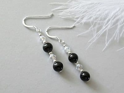 Black Onyx, Crystals & Sterling Silver Earrings