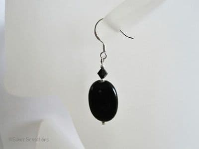 Black Onyx Flat Oval & Swarovski Crystals Sterling Silver Earrings