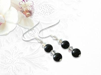 Black Onyx, Premium Crystals & Sterling Silver Earrings