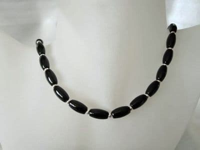 Black Onyx Rice Beads & Sterling Silver Necklace