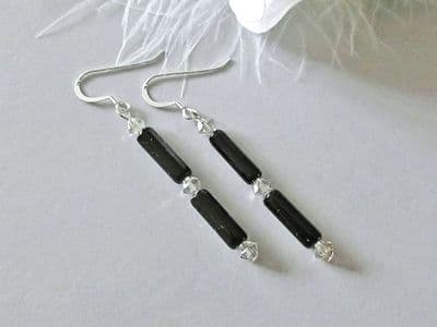 Black Onyx Round Tubes, Premium Crystals & Sterling Silver Earrings