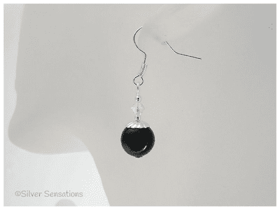 Black Onyx & Silver Fashion Earrings & Genuine Certified Crystals