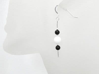Black Onyx & Snow White Jade Sterling Silver Earrings