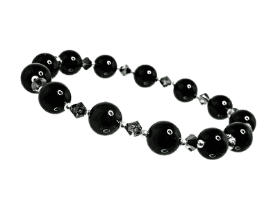 Black Onyx, Sparkly Grey Black Crystals & Sterling Silver Beaded Stretch Bracelet