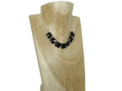 Black Onyx Squares & Silver Chain Necklace With Silver Austrian Made Crystals