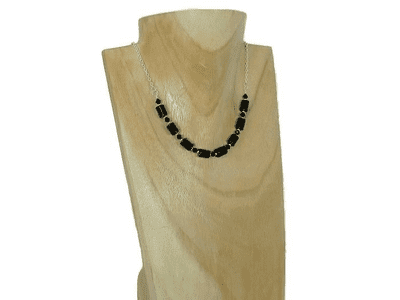 Black Onyx Tubes, Crystals & Sterling Silver Chain Necklace