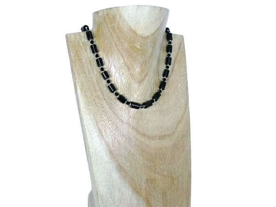 Black Onyx Tubes Unique Necklace With Austrian Crystals & Sterling Silver | Silver Sensations