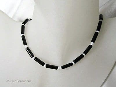 Black Onyx Tubes & White Beads Sterling Silver Necklace
