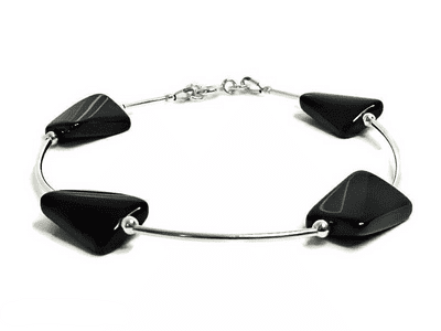 Black Onyx Twisted Oblong Beads Bracelet With Sterling Silver Curved Tubes