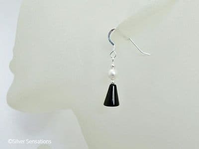 Black Onyx & White Premium Pearl Sterling Silver Drop Earrings