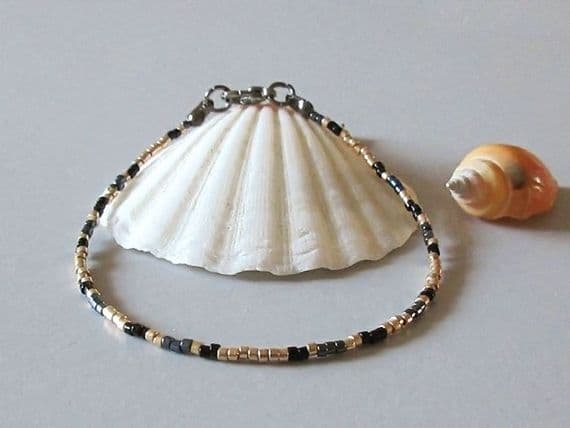 Black & Pale Gold Dainty Unisex Anklet | Handmade With Miyuki Delica beads | Silver Sensations