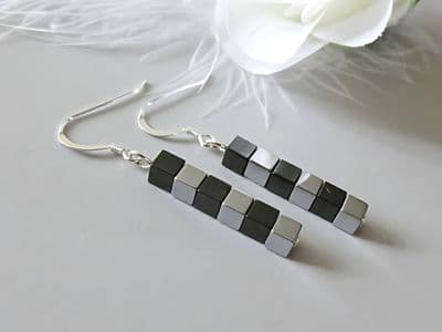 Black & Silver Hematite Cube Beaded Earrings With Sterling Silver
