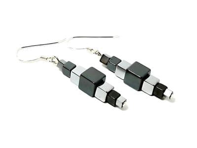 Black & Silver Hematite Cube Beaded Geometric Earrings With Sterling Silver