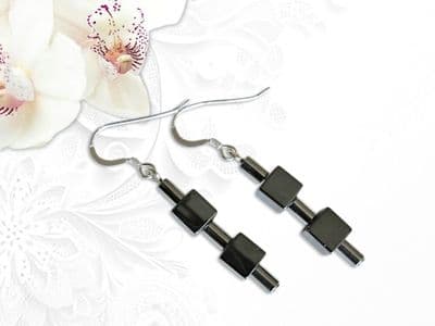 Black & Silver Hematite Cubes & Tubes Earrings