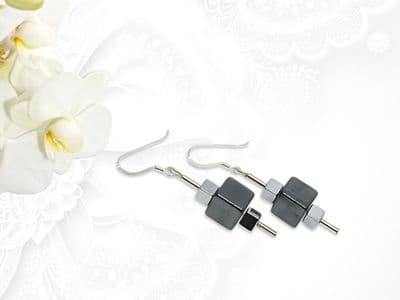 Black & Silver Hematite Geometric Cubes & Sterling Silver Drop Earrings