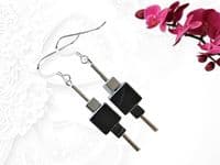 Black & Silver Hematite Graduated Square Cubes & Sterling Silver Drop Earrings | Silver Sensations