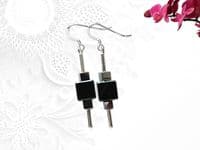 Black & Silver Hematite Graduated Square Cubes & Sterling Silver Drop Earrings | Silver Sensations