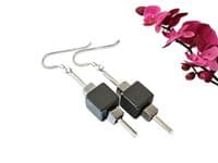 Black & Silver Hematite Graduated Square Cubes & Sterling Silver Drop Earrings | Silver Sensations