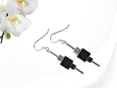 Black & Silver Hematite Graduated Square Cubes & Sterling Silver Drop Earrings