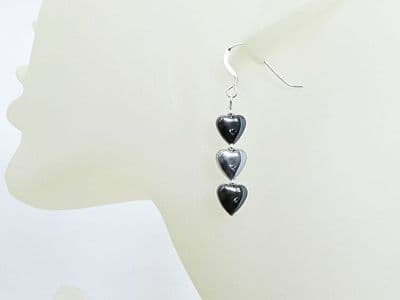 Black & Silver Hematite Puffy Heart Earrings