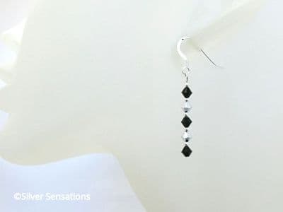 Black & Silver Premium Crystals & Sterling Silver Slim Earrings
