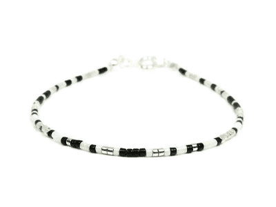 Black, Silver & White Slim Seed Bead Friendship Bracelet