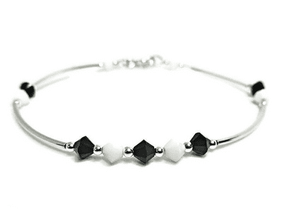 Black & White Austrian Crystals & Sterling Silver Curve Tubes Designer Bangle Bracelet