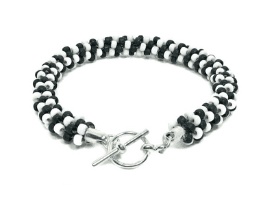 Black & White Block Stripe Kumihimo Seed Bead Fashion Bracelet