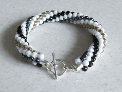 Black White & Gold Spiral Kumihimo Seed Bead Bracelet
