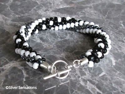 Black, White & Hematite Colours Spiral Kumihimo Seed Bead Bracelet
