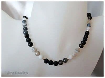 Black & White Lace Agate & Sterling Silver Necklace