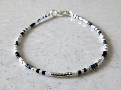 Black, White & Silver Seed Bead Friendship Bracelet