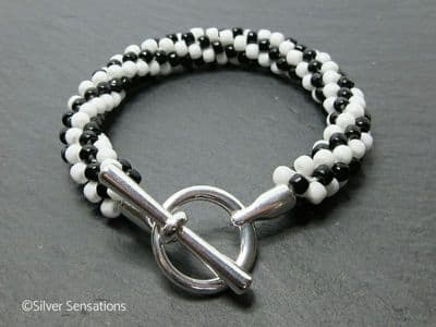 Black & White Swirly Stripey Kumihimo Seed Bead Fashion Bracelet