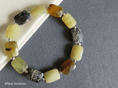 Black Yellow & Tan Flake Jade Oblong Beads & Sterling Silver Designer Bracelet