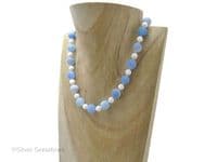 Blue Frosted Cracked Agate, White Jade & Sterling Silver Unique Beaded Necklace | Silver Sensations