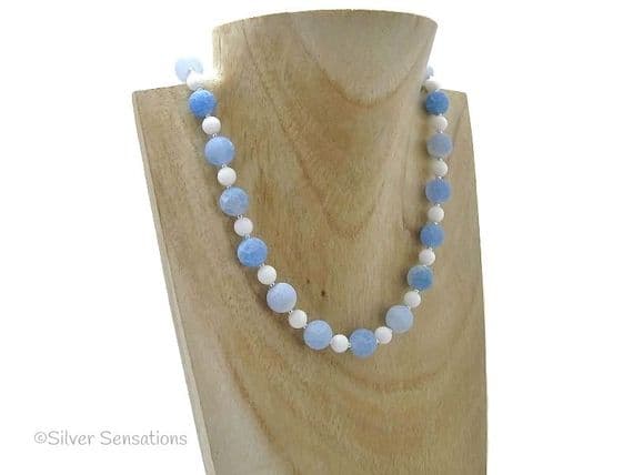 Blue Frosted Cracked Agate, White Jade & Sterling Silver Unique Beaded Necklace | Silver Sensations