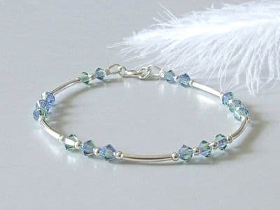 Blue & Green Blended Crystals Sterling Silver Bangle Bracelet