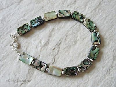 Blue & Green Flat Oblong Abalone Paua Shell Beads & Sterling Silver Bracelet