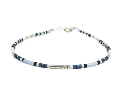 Blue Green, Pale Blue, White & Silver Seed Bead Boho Bracelet