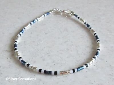 Blue Green, White & Silver Seed Bead Stacking Bracelet