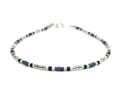 Blue Green, White & Silver Seed Bead Surfer Anklet