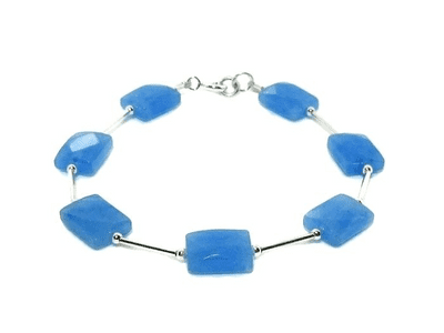 Blue Jade Faceted Oblong Beads & Sterling Silver Bracelet