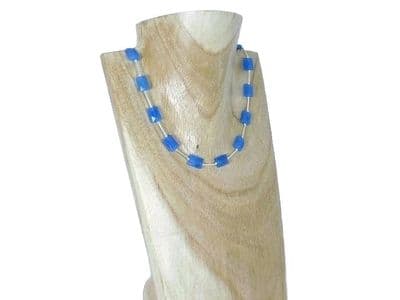 Blue Jade Faceted Oblongs & Sterling Silver Tubes Necklace