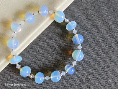 Blue Opalite Moonstone Nugget Beads Stretch Bracelet With Austrian Made Crystals & Sterling Silver