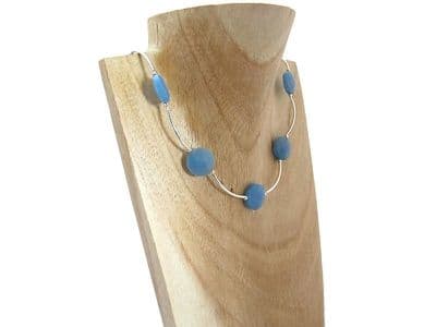 Blue Serpentine Jade Faceted Coins & Sterling Silver Curved Tubes Necklace