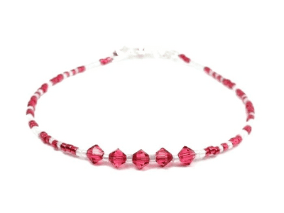 Bright Pink & White Seed Bead Stacking Bracelet With Crystals
