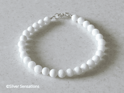 Bright Snowy White Agate Beaded Sterling Silver Bracelet
