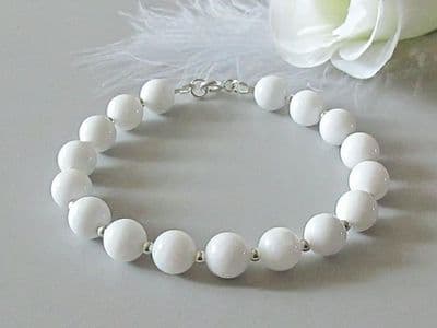 Bright White Agate & Sterling Silver Beaded Bracelet