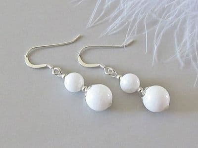 Bright White Agate & Sterling Silver Beaded Drop Earrings