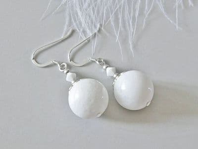 Bright White Agate & Sterling Silver Beaded Drop Earrings With Premium Crystals